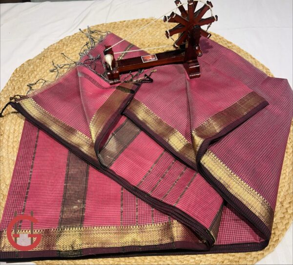 Authentic Maheshwari Handloom Silk by Cotton Saree with Jari Border & Checked Pattern – Handmade Heritage Weave