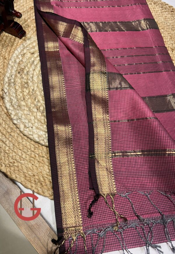 Authentic Maheshwari Handloom Silk by Cotton Saree with Jari Border & Checked Pattern – Handmade Heritage Weave