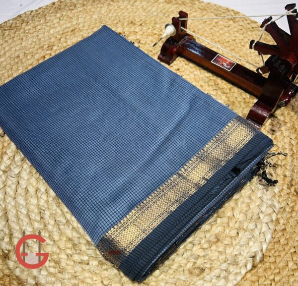 Authentic Maheshwari Handloom Silk by Cotton Saree with Jari Border & Checked Pattern
