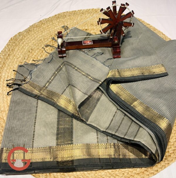 Maheshwari Handloom Silk by Cotton Saree with Jari Border & Checks Design