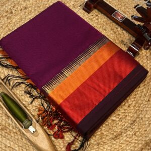 Maheshwari Handloom Temple Thread Border Saree – Pure Silk by Cotton PURPLE