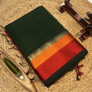 Maheshwari Handloom Temple Thread Border Saree – Pure Silk by Cotton GREEN