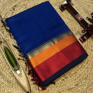 Maheshwari Handloom Temple Thread Border Saree – Pure Silk by Cotton Blue
