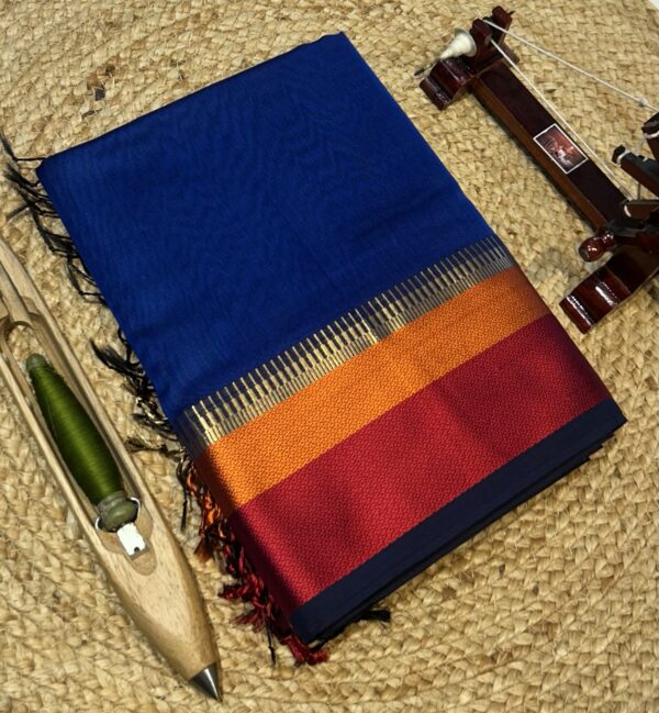 Maheshwari Handloom Temple Thread Border Saree – Pure Silk by Cotton Blue